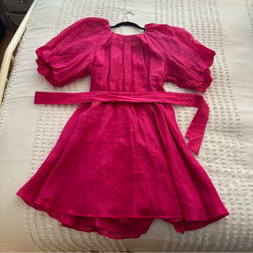 Banana Republic Pink Puff Sleeve Open Back Mini Dress Ramie Size M NWT - Picture 6 of 15